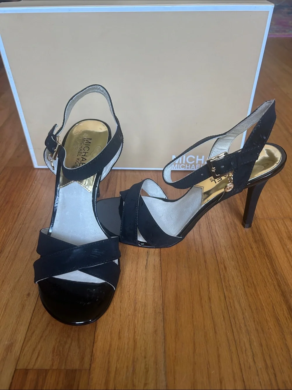 Michael Kors Black Patent & Leather Crisscross Ankle-Strap Heels
